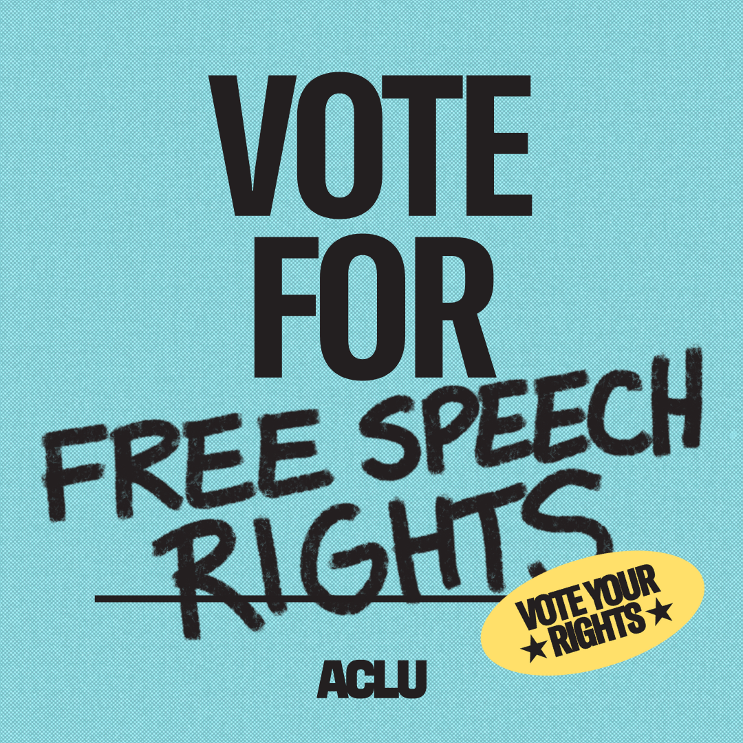 Black text on a light blue background that says "vote for free speech rights"