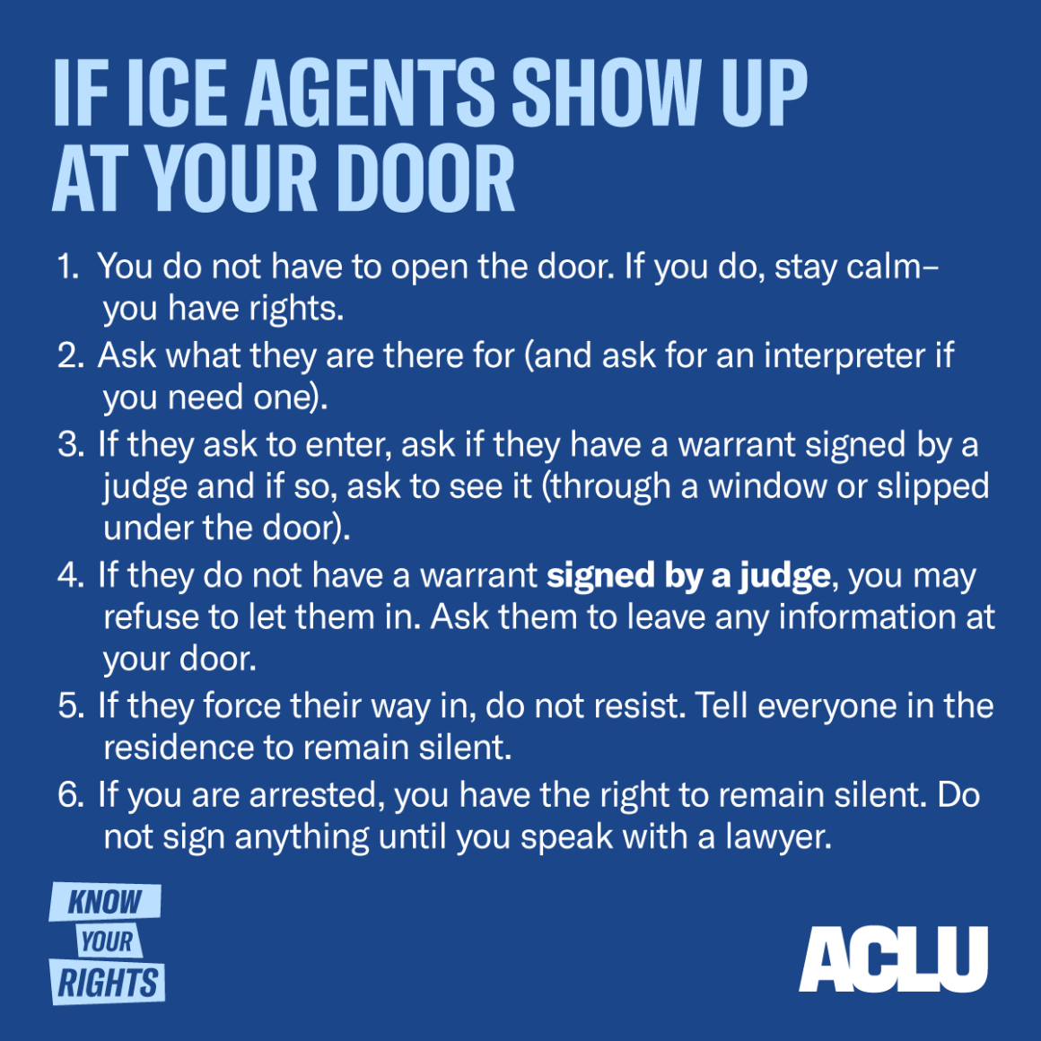 Light blue text over a dark blue background says, "If ICE agents show up at your door," with a list of what to do.