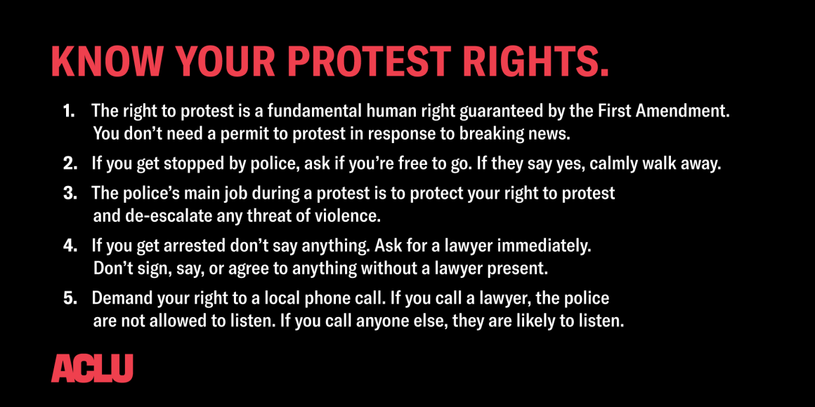 Red and white text on a black background that lists protest rights. 