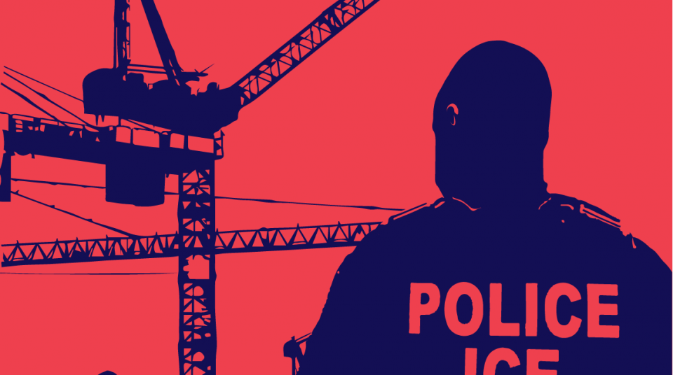 Red background with dark blue silhouette of a person's back with "Police ICE" written on the jacket,